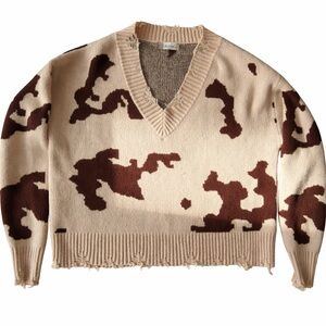 Altar’d State Cow Print Oversized Knit Sweater Cream Brown Size XS